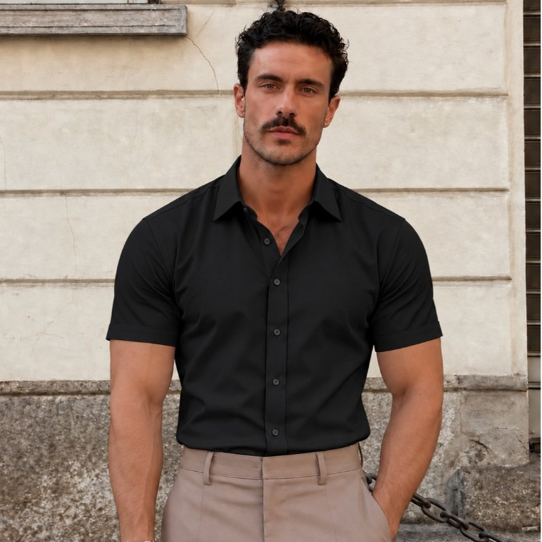 Camisa de Botão Masculina tecido tech Manga Curta Reto  Fresca Casual Confortável azul Claro Branco e Preta Tradicional