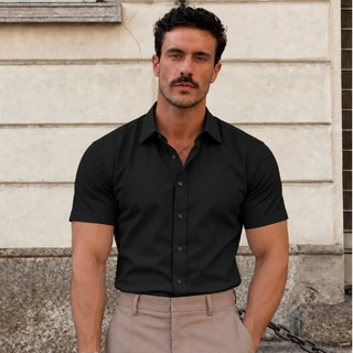 Camisa de Botão Masculina tecido tech Manga Curta Reto  Fresca Casual Confortável azul Claro Branco e Preta Tradicional