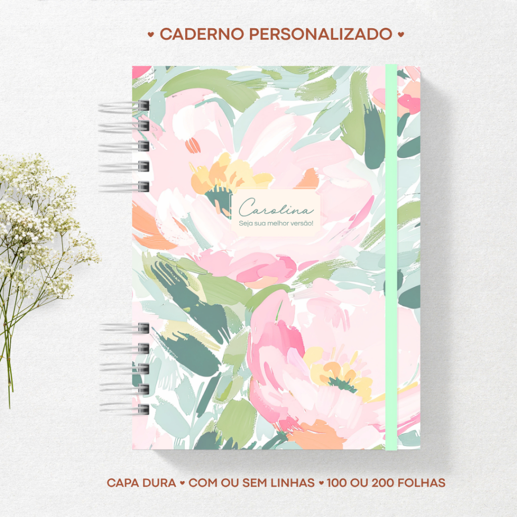 Caderno de Anotações A5 Personalizado Nome na Capa 100 Folhas Com Linhas Capa Dura Feminino Colorido Floral Menta Rosa