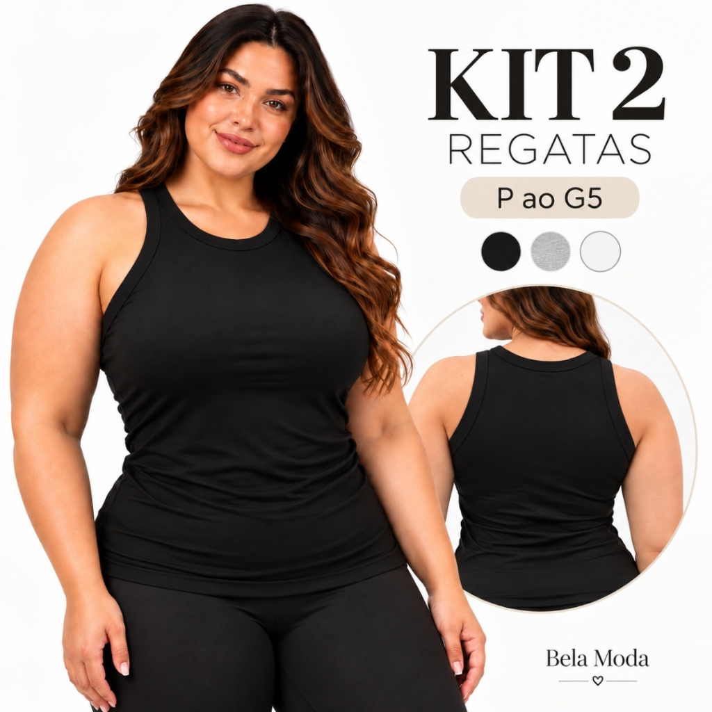 Kit 2 Regatas Femininas Gola Redonda Sem Decote Viscose com Elastano P ao G5 Plus Size Básica Lisa