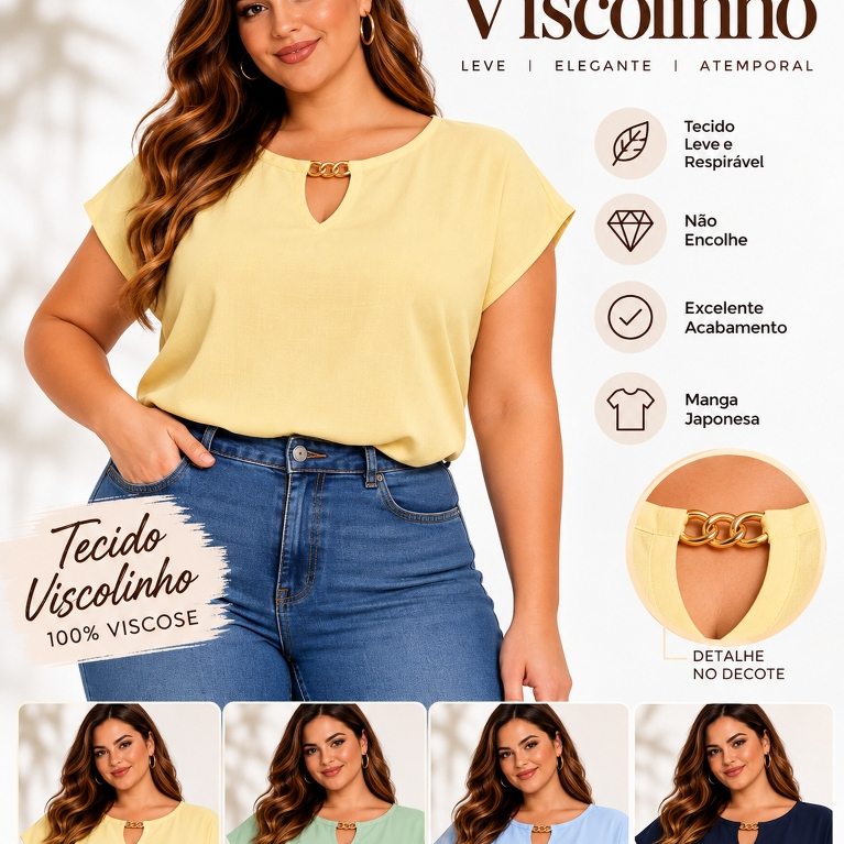 Blusa Viscolinho Plus Size - Tecido Lavado não encolhe - Viscose Premium Fresquinha veste até G1 e G2