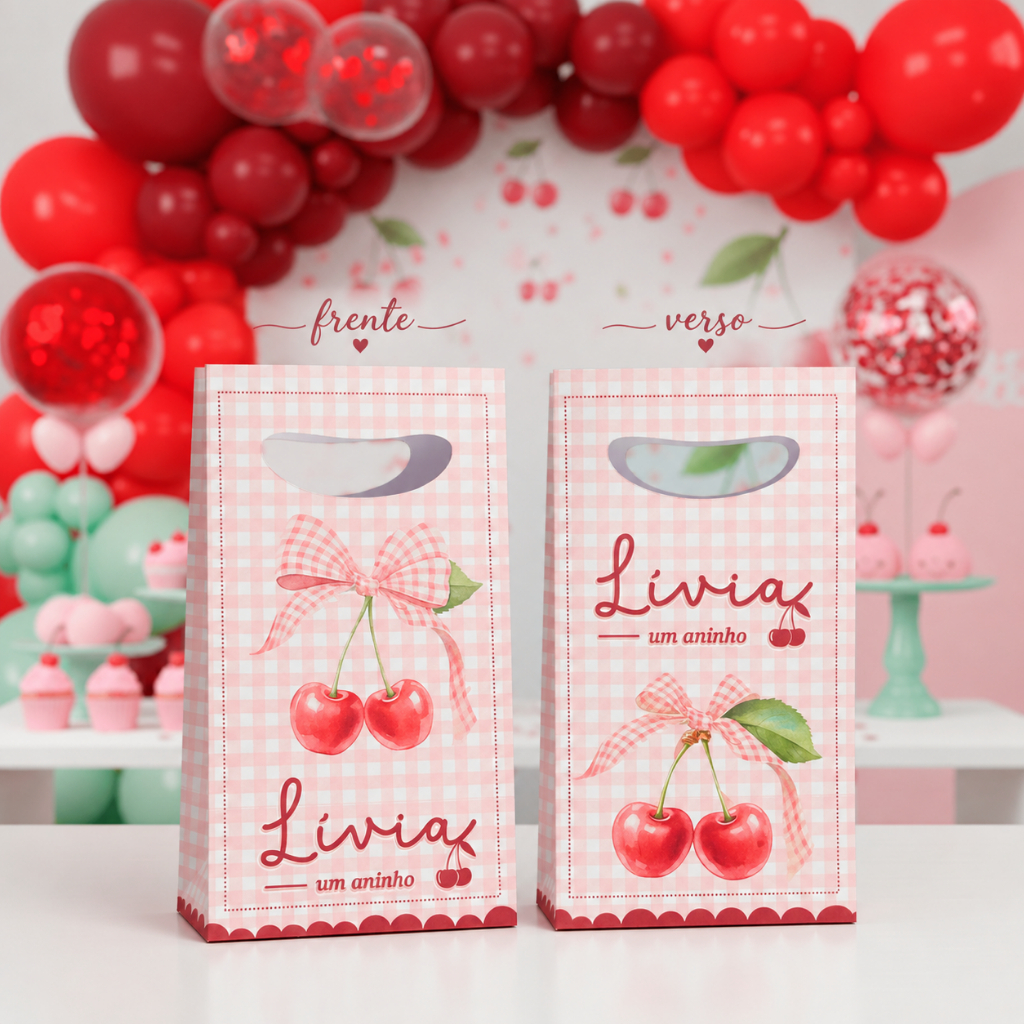 Sacolinhas Cerejinha Aquarela Personalizadas - Lembrancinha Festa Infantil - Sacolinha Surpresa — imagem 2 de 2