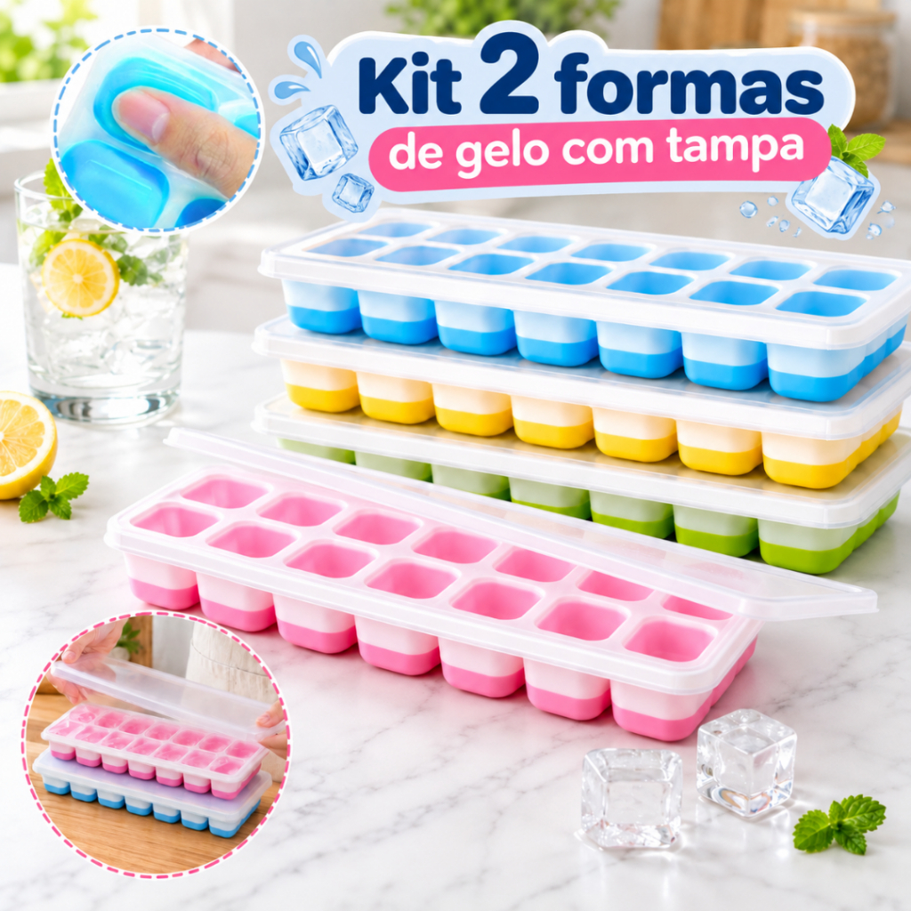 Kit 2 Formas de Gelo Silicone com Tampa Antiderramamento