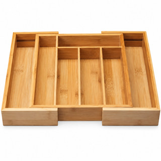Porta Talheres Gaveta Bambu 7 Divisórias Extensível Ajustável  Organizador Talheres Madei…