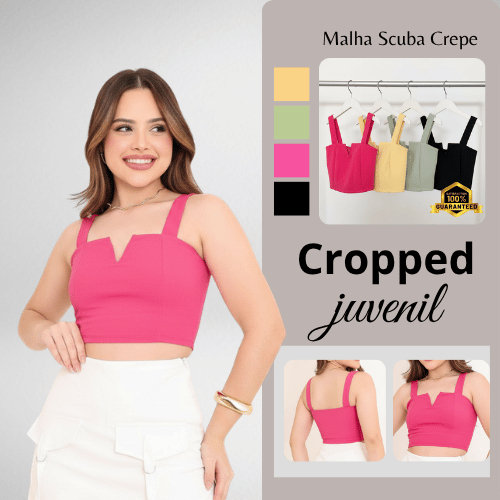 Cropped Curto Juvenil Adolescente Estilosa Alças Largas e Recorte em V Casual Moderno Forrado Blusa de Verão
