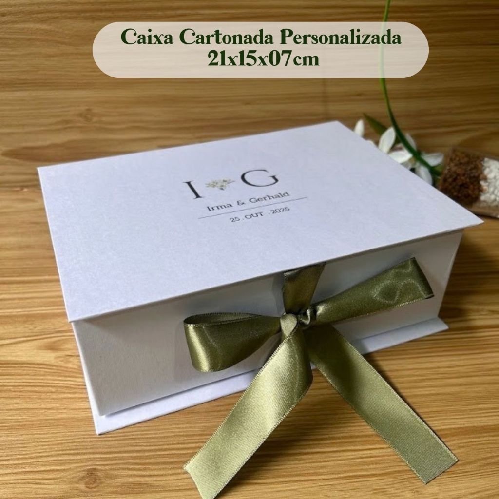 Caixa Cartonada Convite Padrinhos Casamento Personalizada com Laço 21x15x7cm