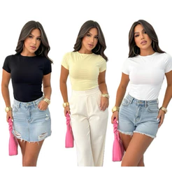 Kit 3 Blusas Baby Tee Femininas Suplex Alta Compressão Manga Curta Justinha Básica Slim Fit Moda Casual e Confortável