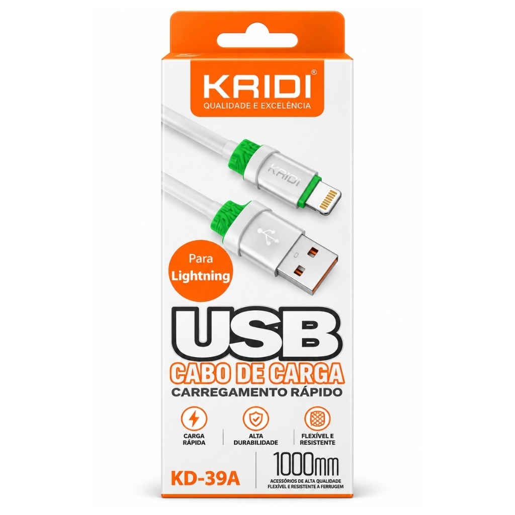 Cabo USB Lightning 1M para iPhone Carregamento Rápido Reforçado Resistente KAIDI KD-39A