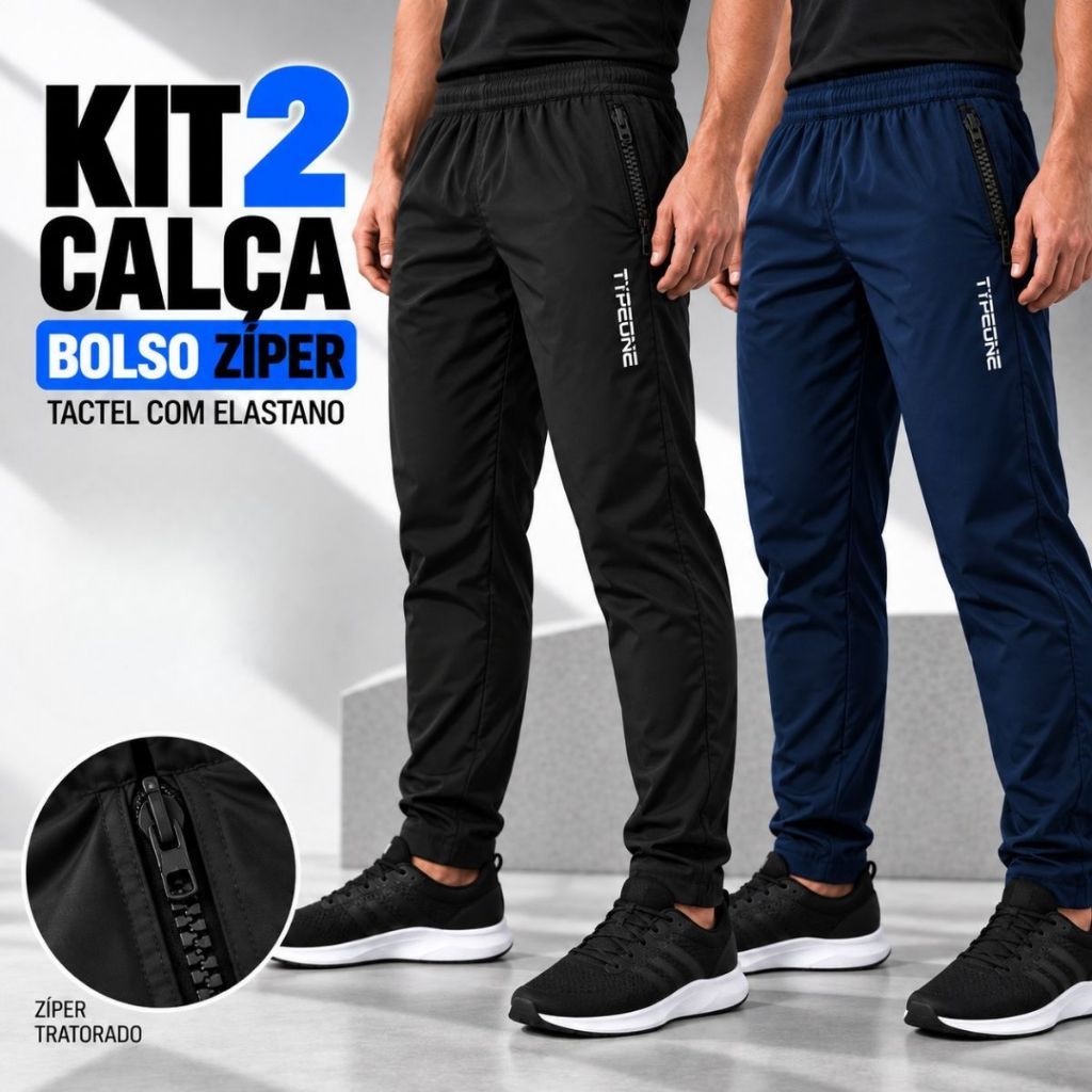 Kit 2 Calças Masculinas Academia Tactel Elastano Bolso com Zíper Esportiva Confortável Secagem Rápida