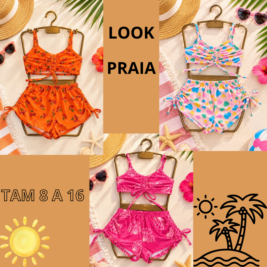 Conjunto Biquíni Infantil Menina com Short 2 Peças Estampado Moda Praia Verão Piscina Praia Conjunto Juvenil Feminino