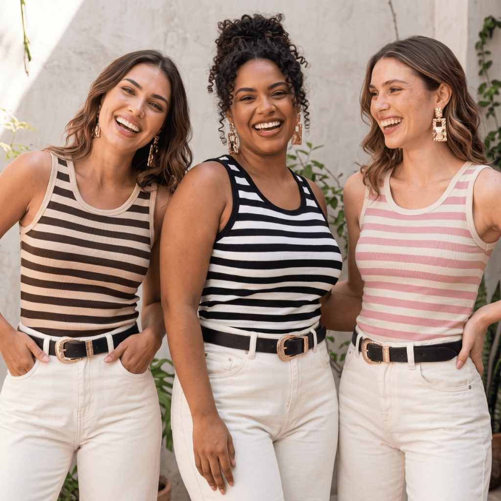 Regata Feminina Listrada Canelada Básica Casual Confortável