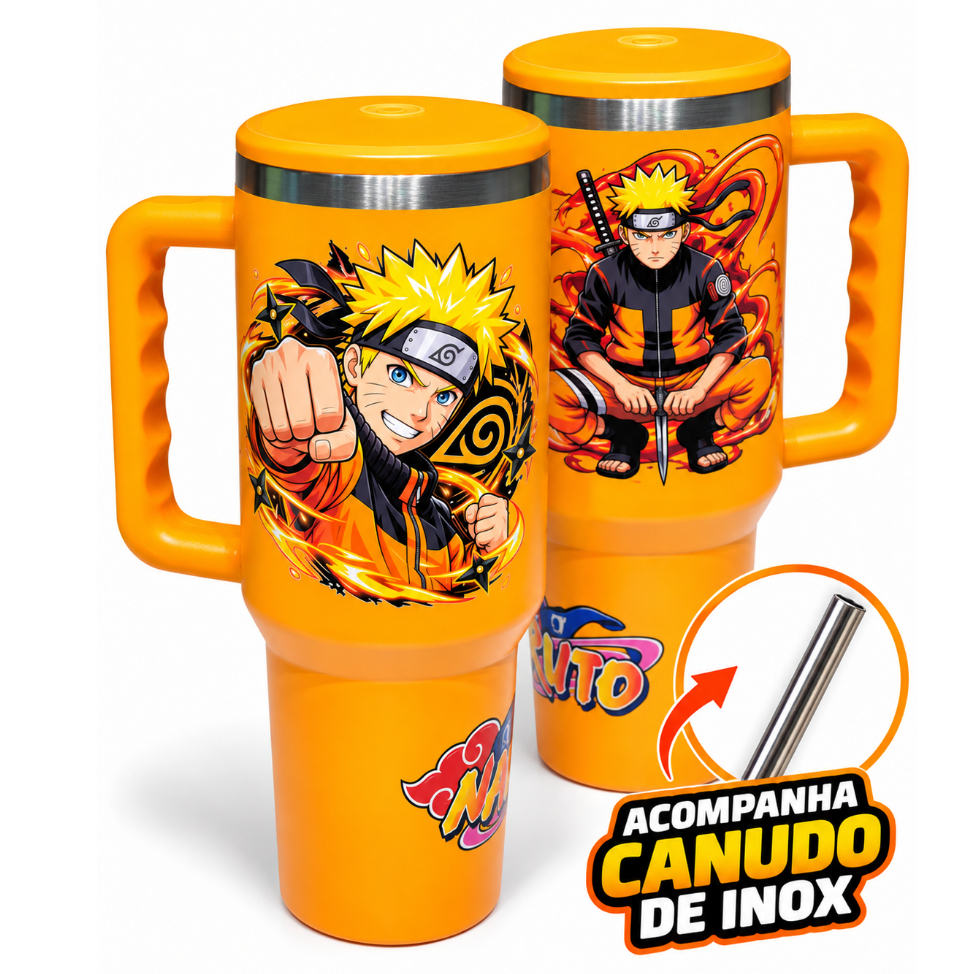 Copo Térmico Naruto 1200ml com Alça, Tampa de Alta Vedação e Canudo Inox