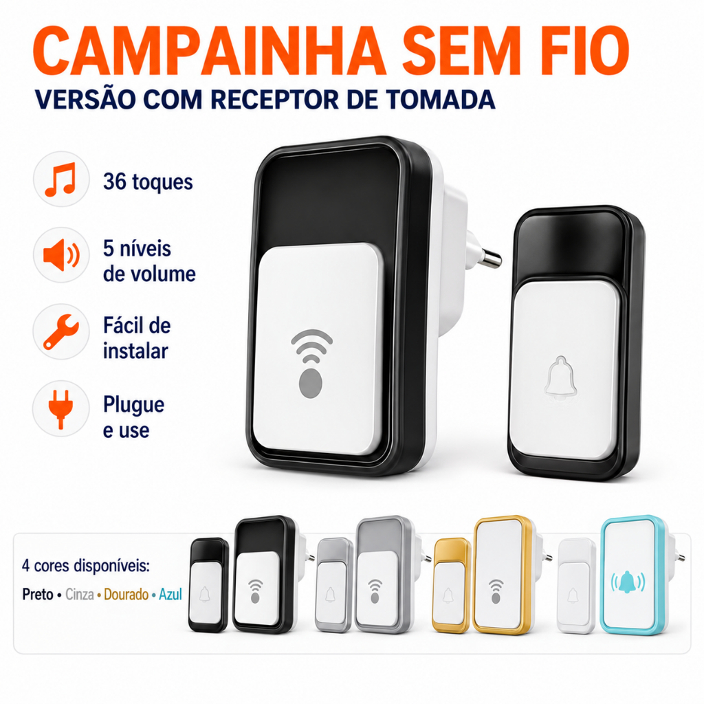 Campainha Sem Fio Com Receptor De Tomada 36 Toques 5 Níveis De Volume Fácil Instalação Para Casa Apartamento Escritório