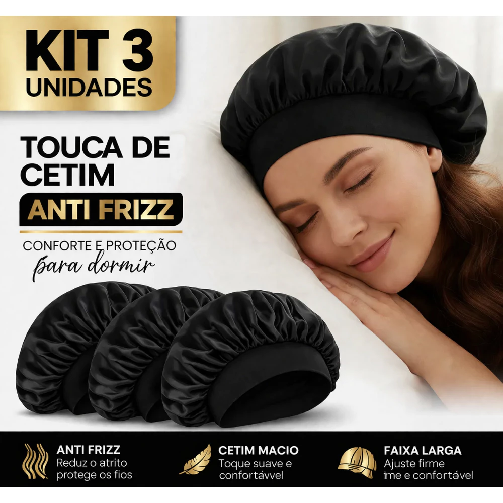 Kit 3 Touca de Cetim com Faixa Larga Elástica Anti Frizz para Dormir Protege o Cabelo