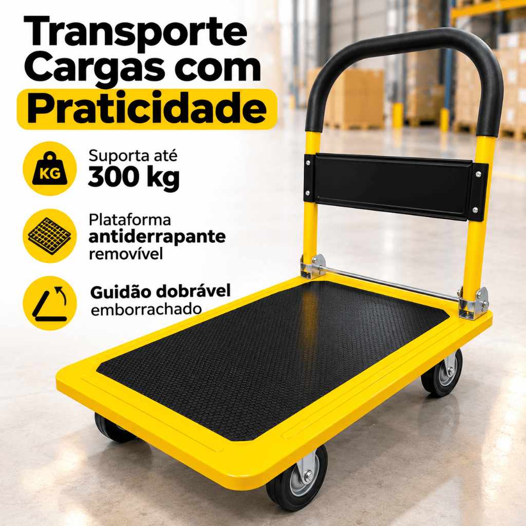 Carrinho Plataforma 300kg Dobrável Com Rodas Giratórias BOM2852