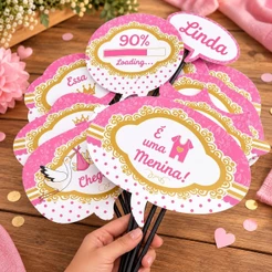 KIT 10 PLAQUINHAS DIVERTIDAS SELFIE CHÁ DE BEBÊ MENINA (COD 13) (CHOCO)