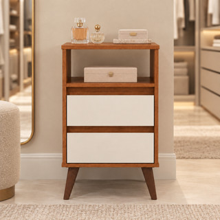 ✨ Mesa de Cabeceira Roma Retrô com 2 Gavetas e Nicho Organizador para Quarto Design Moderno e Lindo - Freijó / Off White