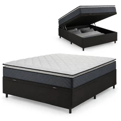 Cama Box Baú Casal Colchão Espuma D45 Pillow Top Strong 138x188x65cm Cinza/Preto Hellen - Suporta at