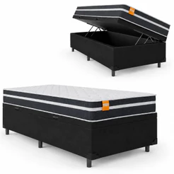 Cama Box Solteiro Baú Colchão Molas Qatar 88x188x63cm Branco / Preto - Suporta até 150Kg