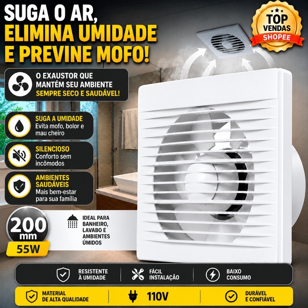 Exaustor Para Banheiro 200mm Silencioso Ventilador Axial Anti Umidade Cheiro e Odor