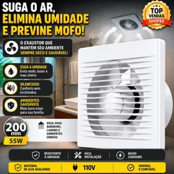 Exaustor Para Banheiro 200mm Silencioso Ventilador Axial Anti Umidade Cheiro e Odor