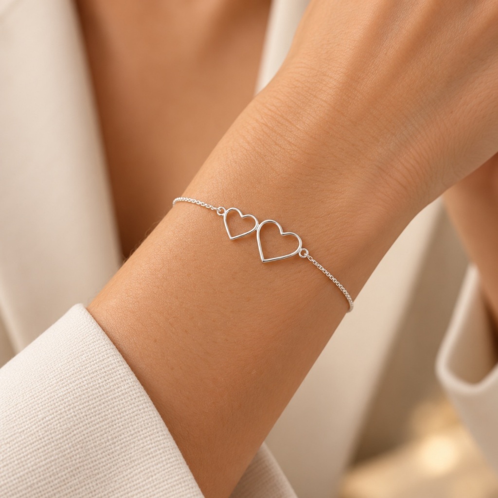 Pulseira Prata 925 Veneziana Dois Corações Feminina Delicada