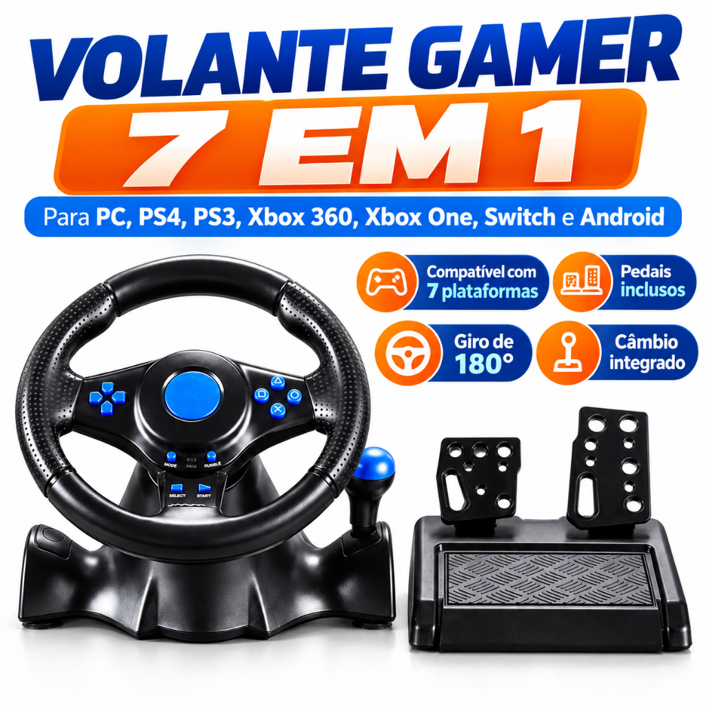 Volante Gamer 7 em 1 com Pedais e Câmbio Integrado 180° para PC PS4 PS3 Xbox One 360 Switch Android