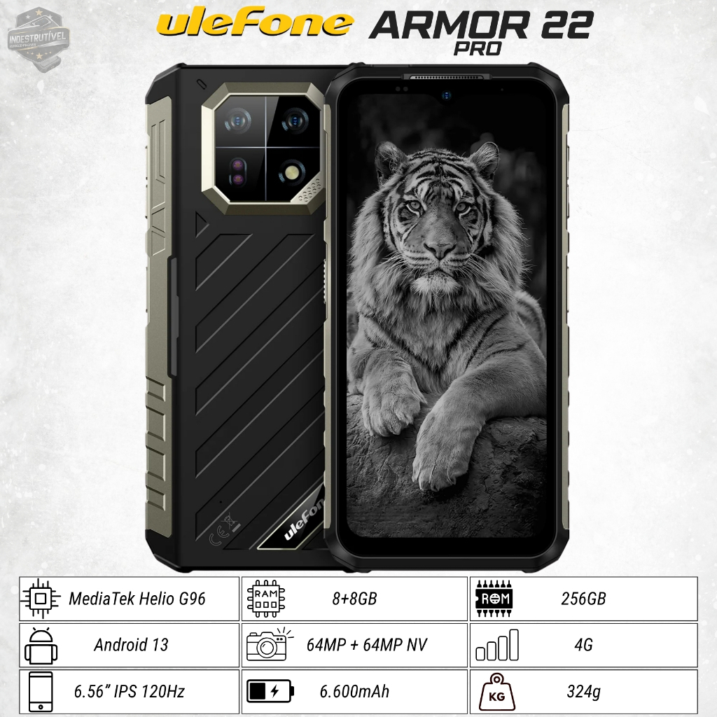 Ulefone Armor 22 8GB+8GB RAM / 256GB ROM / Tela 6.56" 120Hz / Câmera 64MP + 64MP VN / Bateria 6600mAh