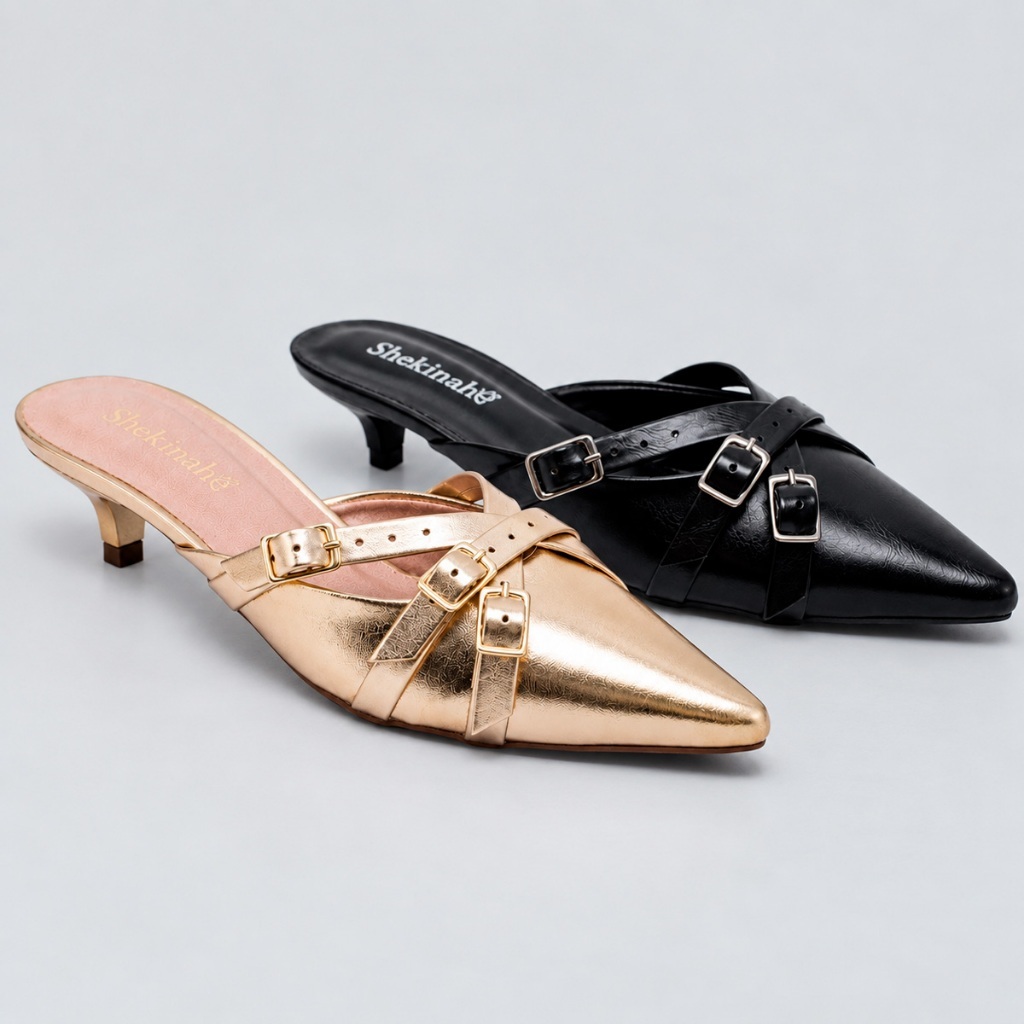 Imagem Mule Feminino Shekinah Tamanco Slingback Salto Baixo Bico Fino Tiras Cruzadas Com Fivela Elegância Conforto