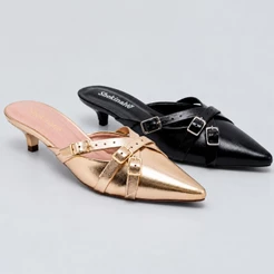 Mule Feminino Shekinah Tamanco Slingback Salto Baixo Bico Fino Tiras Cruzadas Com Fivela Elegância Conforto