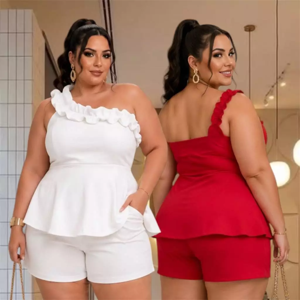 Conjunto Batinha Plus Size Feminino Ombro Só Blusa e Short Tam Único 44ao48 — imagem 1