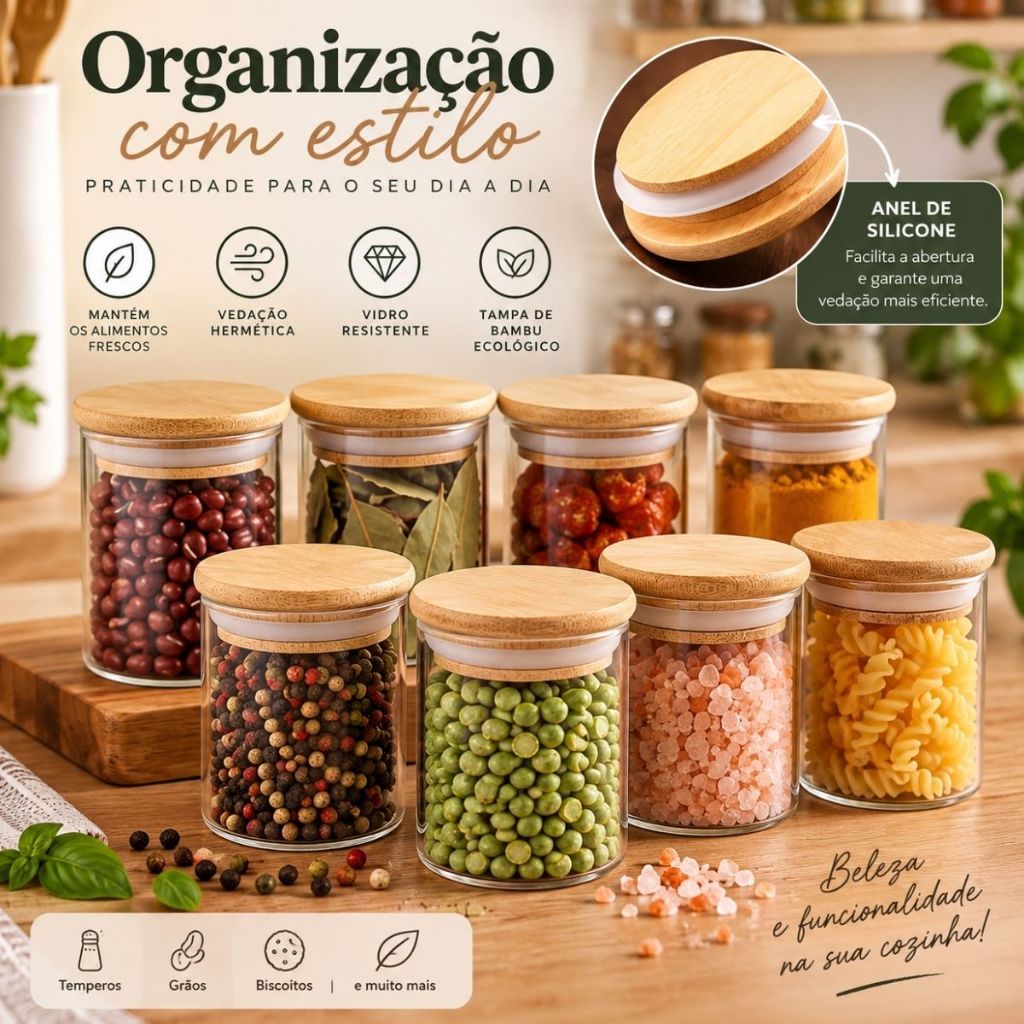 Potes De Vidro Hermético Com Tampa Em Bambu Porta Temperos Condimentos Saleiro 200ML