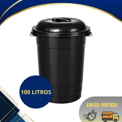 Cesto de Lixo Lixeira Capacidade 100 Litros Preto Com Tampa e Alça Reforçada Multiuso