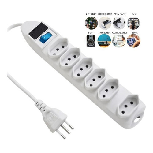 Extensão Elétrica 6 Tomadas 10A SL-7606 com Interruptor Branca Cabo 1,5m 3m 5m Padrão Brasileiro — imagem 2 de 2