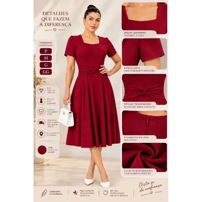 Vestido Midi Feminino Plissado Com Manga Curta E Cintura Alta Em Tecido Crepinho elastano Vestido Natal Vermelho Bordô
