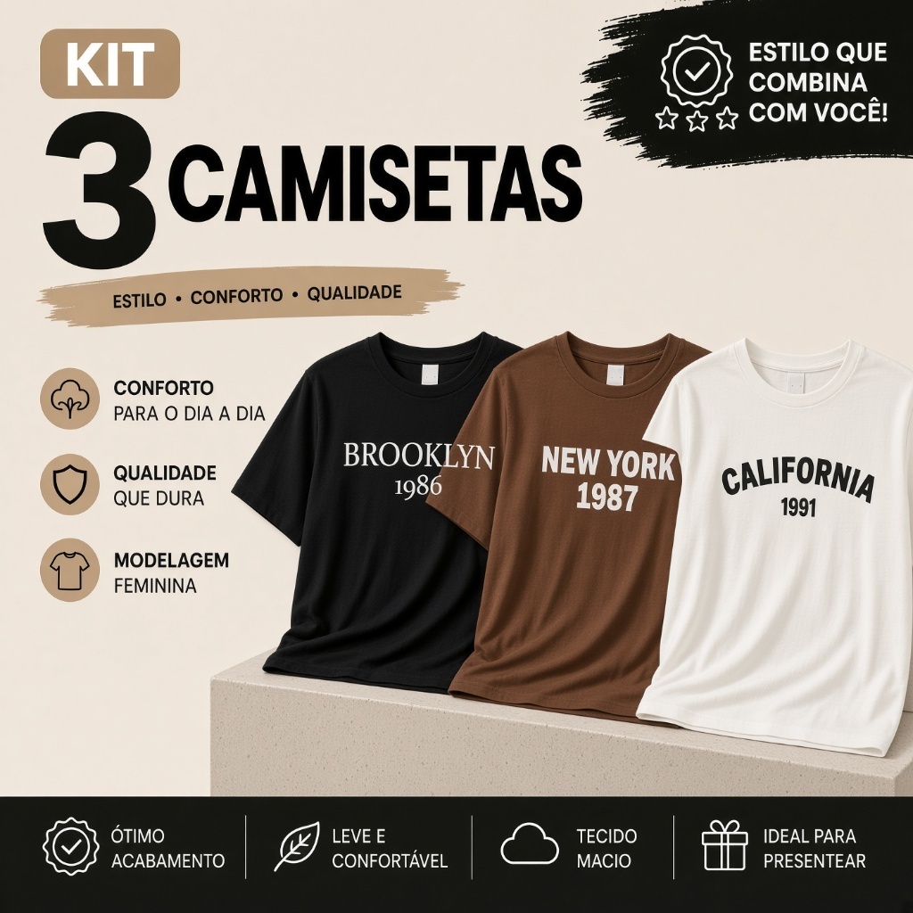 Kit 3 Camisetas Femininas Brooklyn New York California Vintage College Estampadas Algodão Baby Look