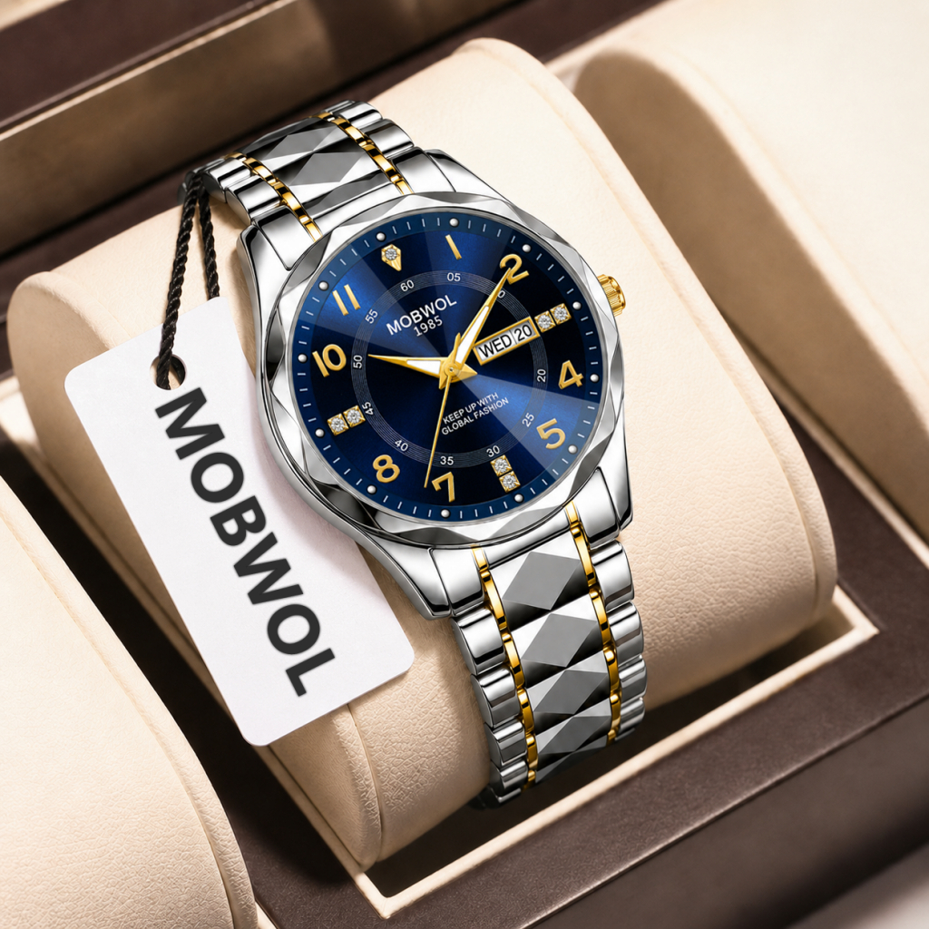 MOBWOL Relógio Masculino Business Quartz de Aço Inoxidável à Prova d'Água com Luminosa, Data, Fashion, Alta Qualidade e