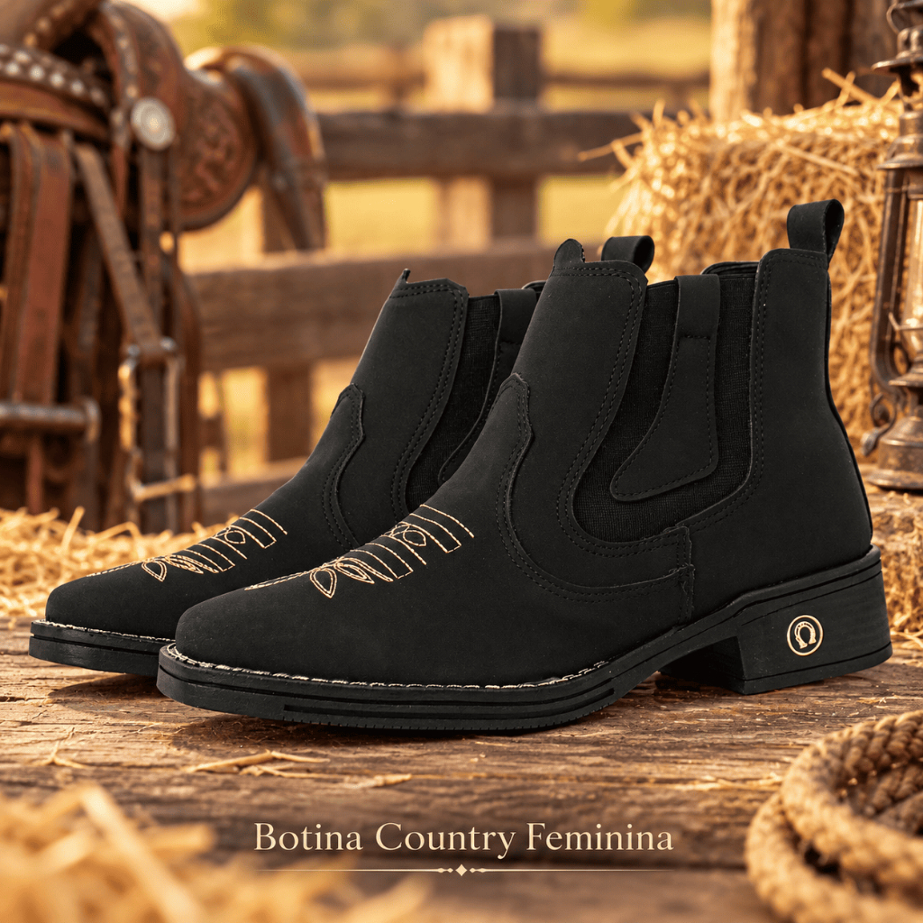 Kit Botina Feminina Country Texana Bordada + Cinto Feminino Bota Cano Curto Confortável Solado Costurado Moda