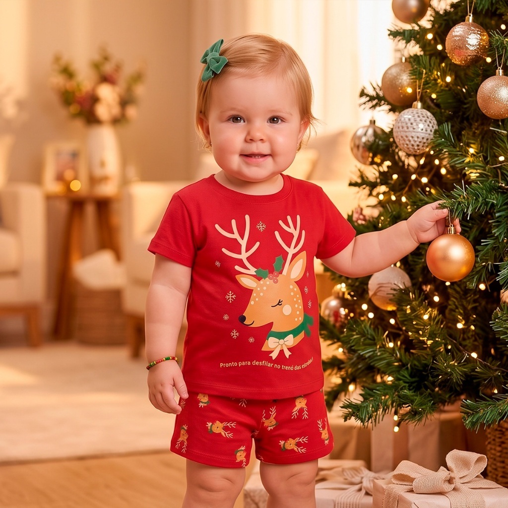 Pijama Natalino Bebê Menina Manga Curta Estampa Fofa Natal Roupa Infantil Verão Presente de Natal Conforto L21