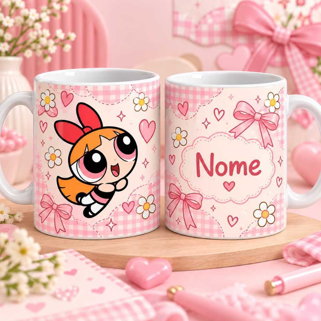 Caneca de Porcelana 325ml As Meninas Superpoderosas – Lindinha, Florzinha e Docinho | Caneca Personalizada Fofa