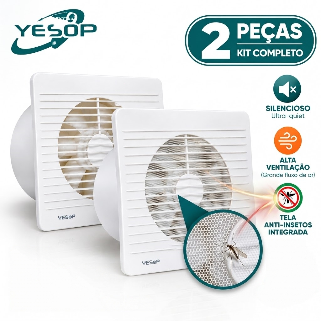 Kit 2 Exaustores para Banheiro e Cozinha 100mm 127/220V Silenciosos com Tela Anti-Insetos Yesop