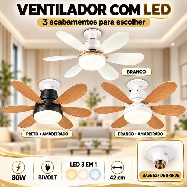 Ventilador Teto Com Luz 60W 80W Integrada Silencioso Branco 6 Pás Com Controle Remoto Com Base E27
