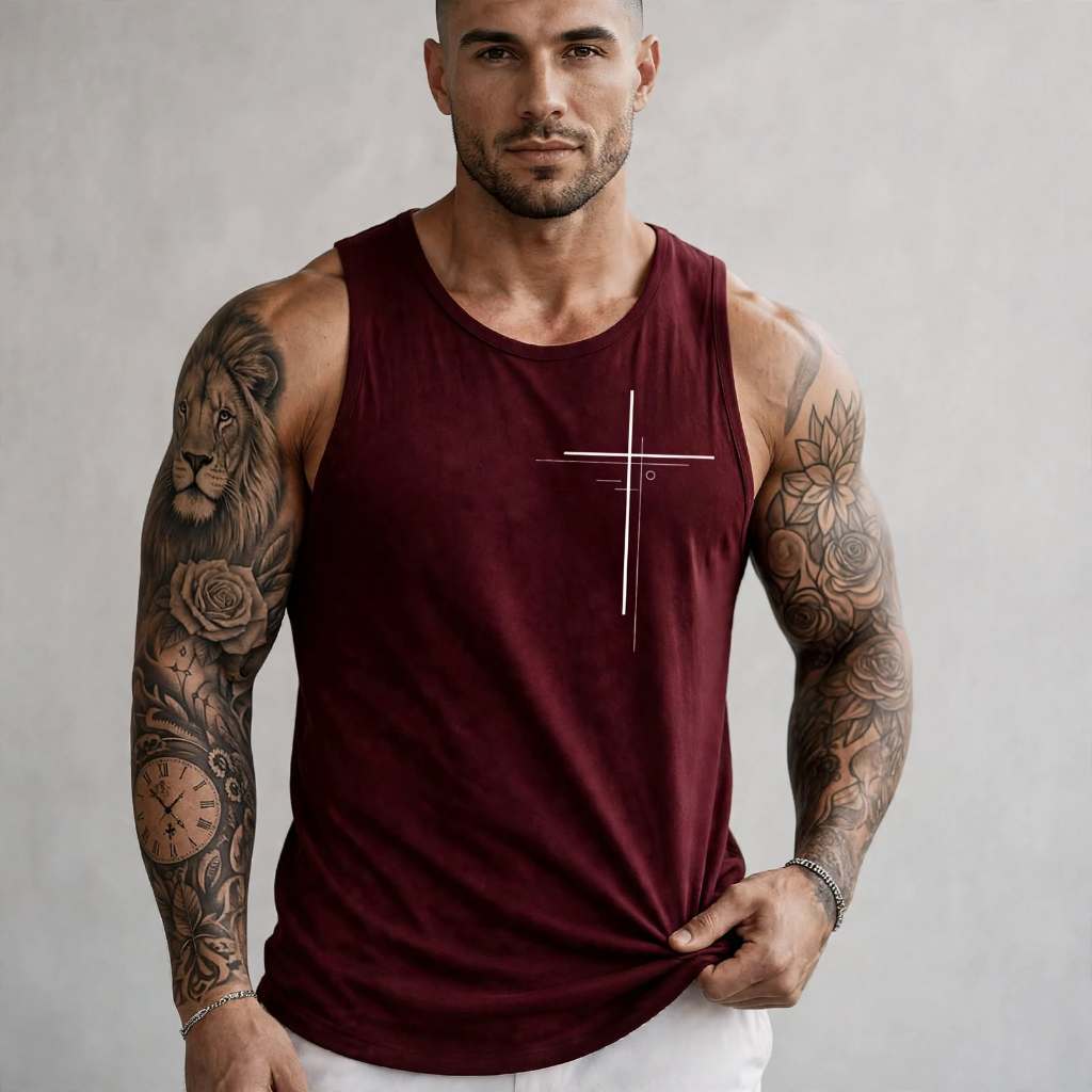 Regata Masculina Cristã Academia Algodão 100% Estampada Cruz Minimalista Premium Treino Fitness Casual Streetwear Verão