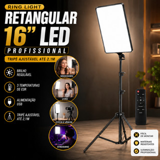 Ring Light Retangular 16 Led Profissional Tripé 2,1m Iluminador Foto Vídeo Live Maquiagem Celular USB Pro