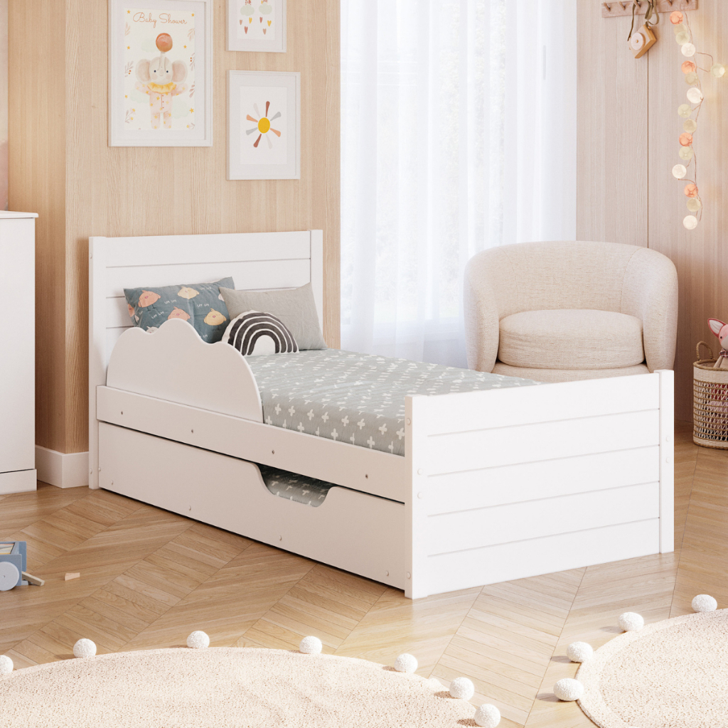 Bicama Infantil com Cama Auxiliar e Proteção Lateral Nuvem 100% MDF
