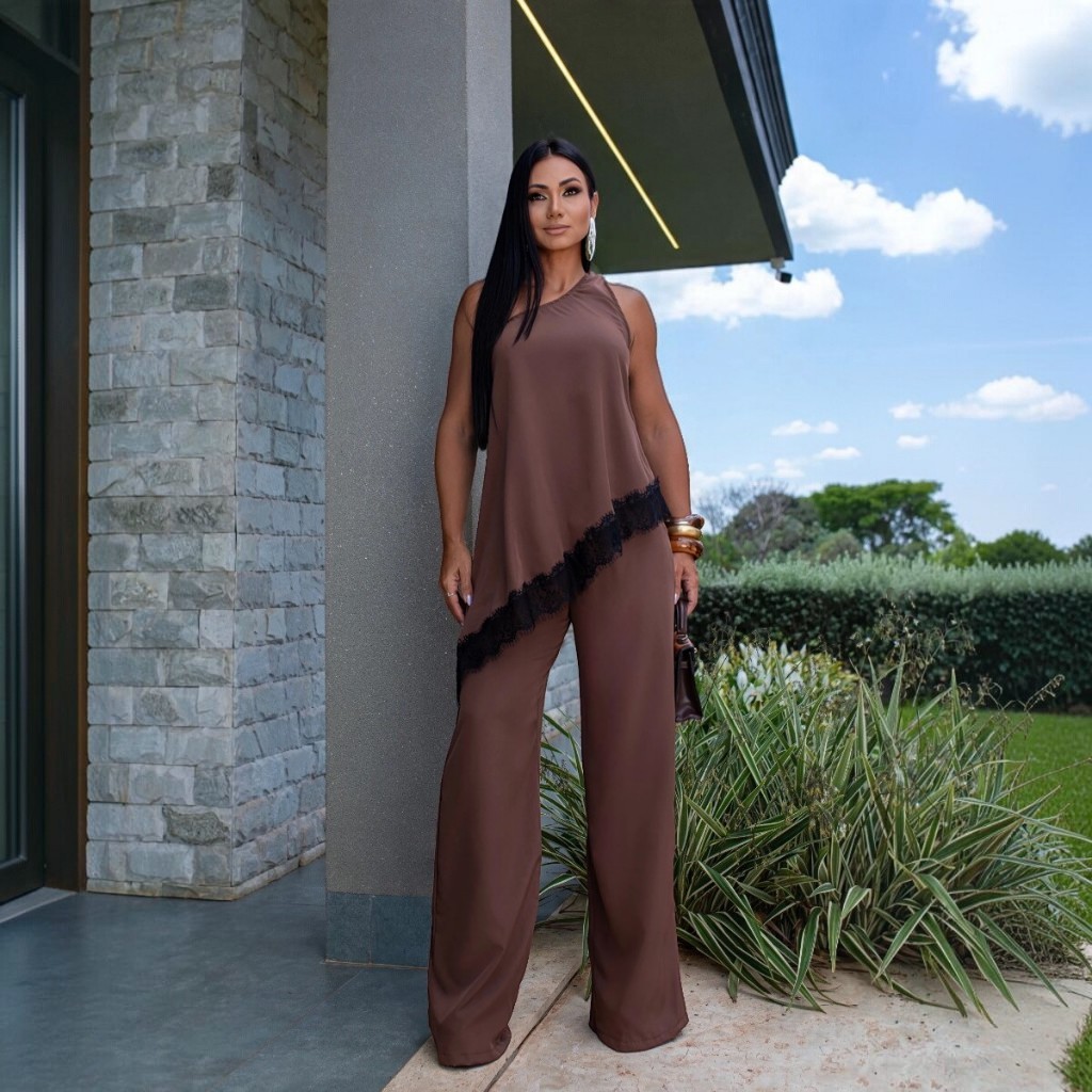 Conjunto Feminino Alfaiataria Elegante Pantalona Crepe Assimétrico Ombro Só Com Renda Premium