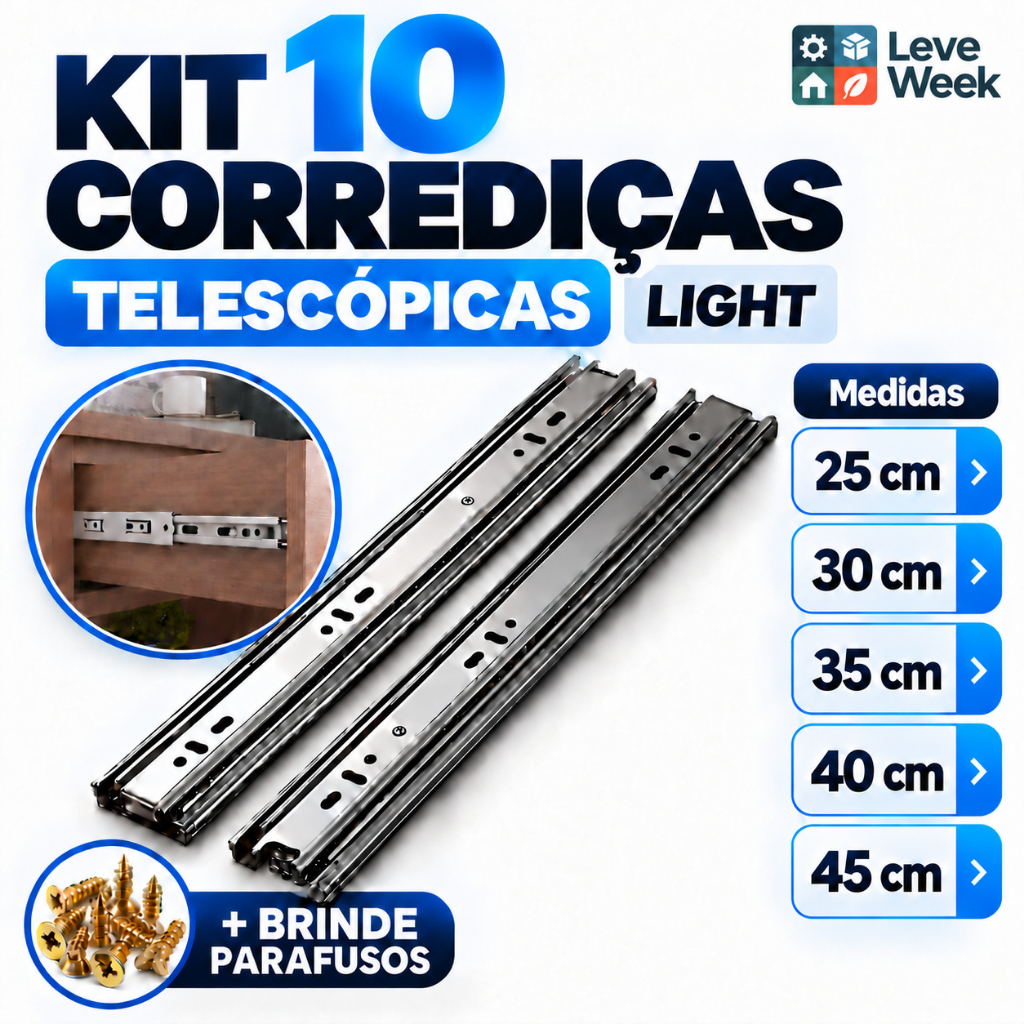 Kit 10 Corrediças Telescópicas Light Para Gaveta 5 Pares Trilhos 25cm a 45cm Aço Zincado Para Móveis