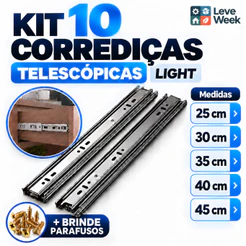 Kit 10 Corrediças Telescópicas Light Para Gaveta 5 Pares Trilhos 25cm a 45cm Aço Zincado Para Móveis