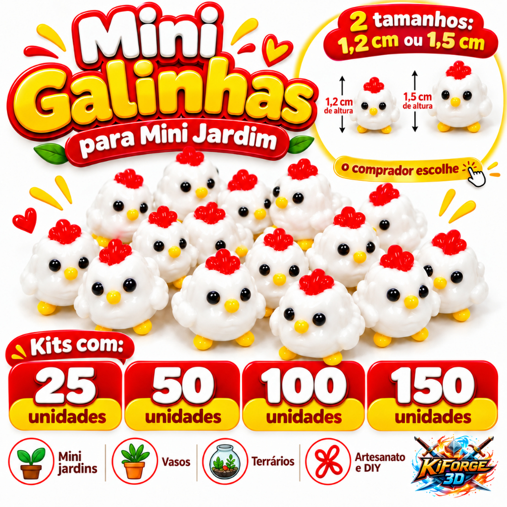 Kit Mini Galinhas 1,5cm ou 1,2cm | Kit 25, 50, 100 ou 150 Unidades | Miniaturas Decorativas