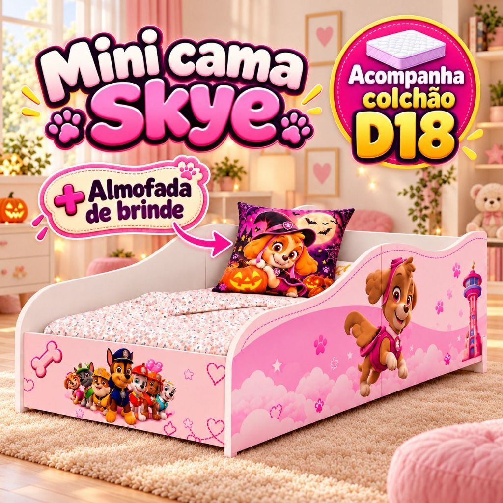 Mini Cama Skye Infantil Patrulha Canina Incluso Colchão D18